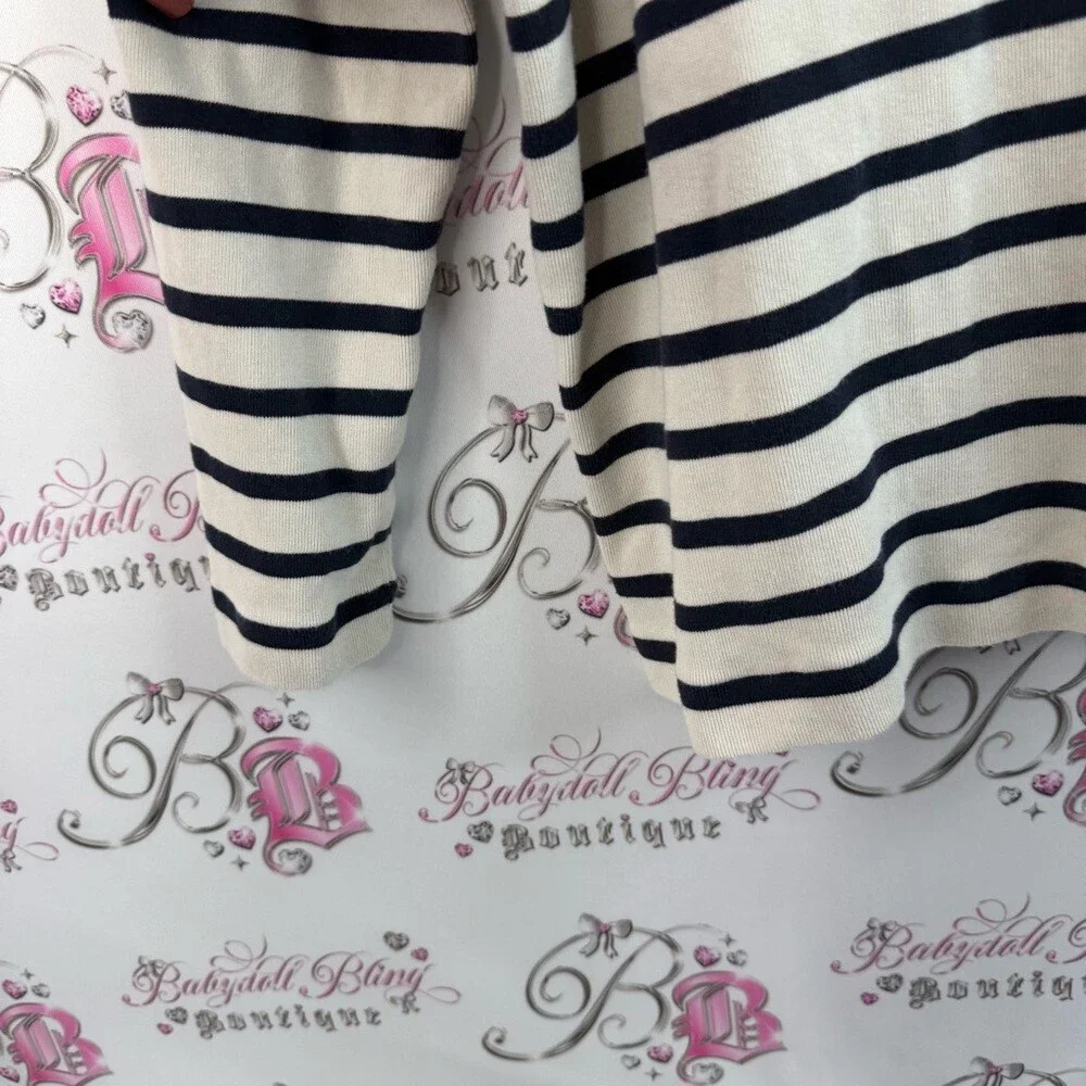 Chico's pull over shirt buttons, navy Black and White Striped Long Sleeve Top